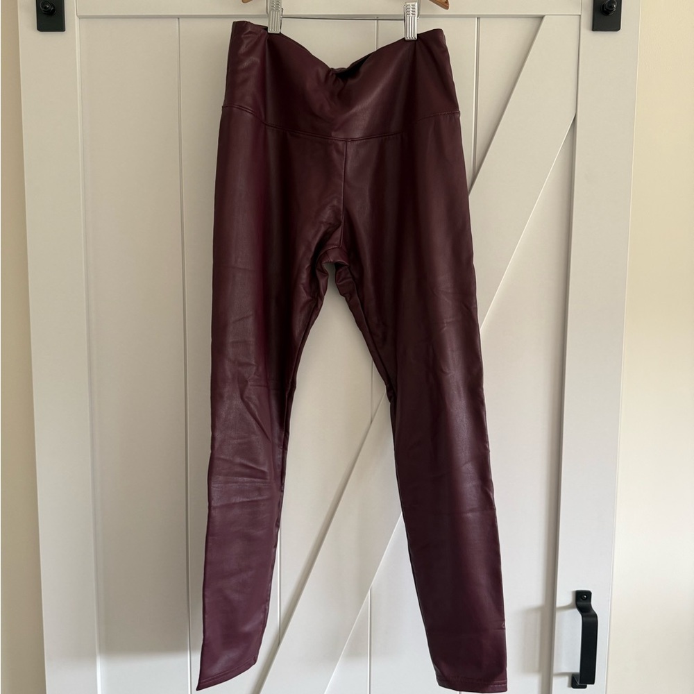 Burgundy Fleece-Lined Vegan Leather Leggings